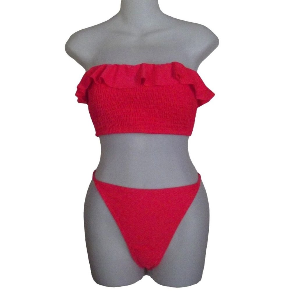 LA SWIM Bikini XL Neon Orange strapless shirred ruffle top (full coverage bottom